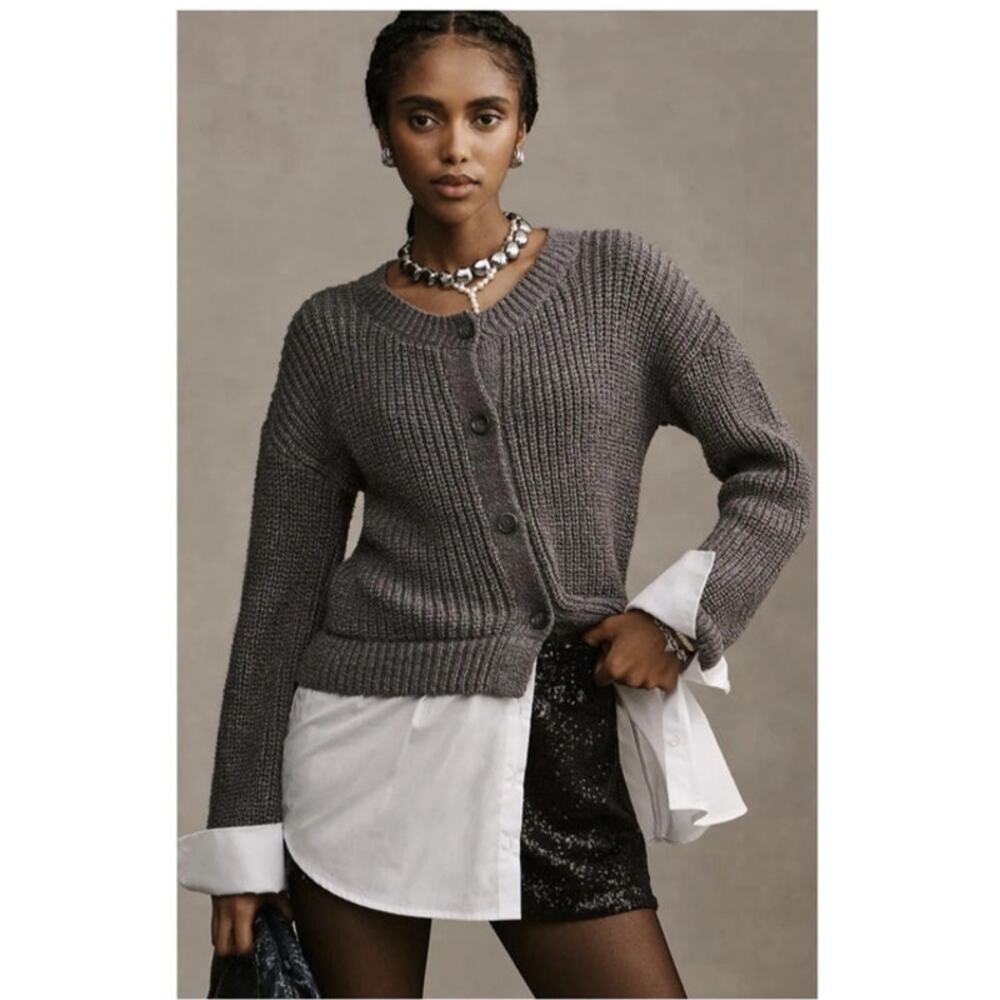 NWT Anthropologie Small Gray Cropped Twofer Cardigan Sweater Academia Preppy